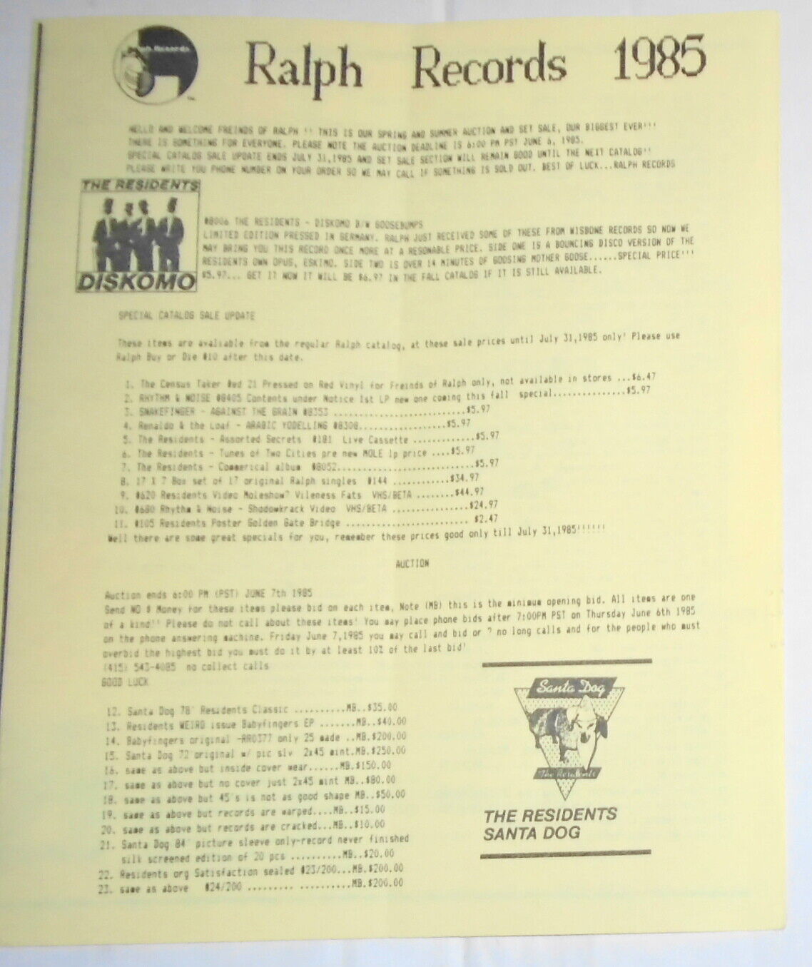 Ralph Records 1985 Spring & Summer Sale Catalog