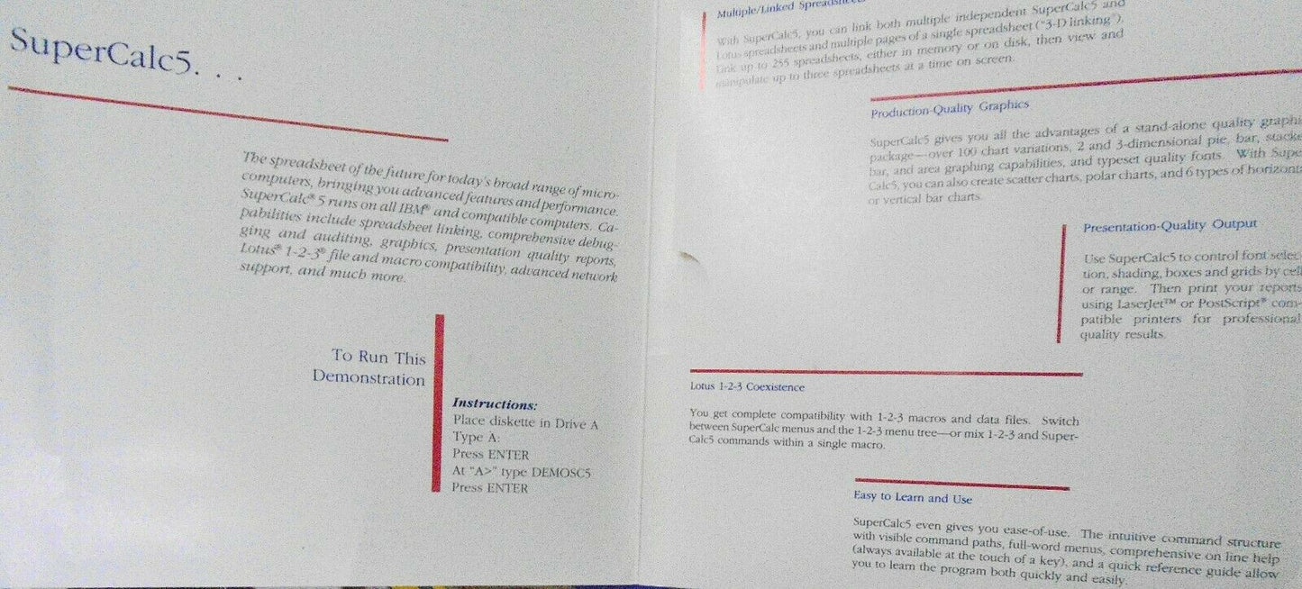 SuperCalc5 by Computer Associates : Demo Program and Press Kit. 1988. IBM 5 1/4"