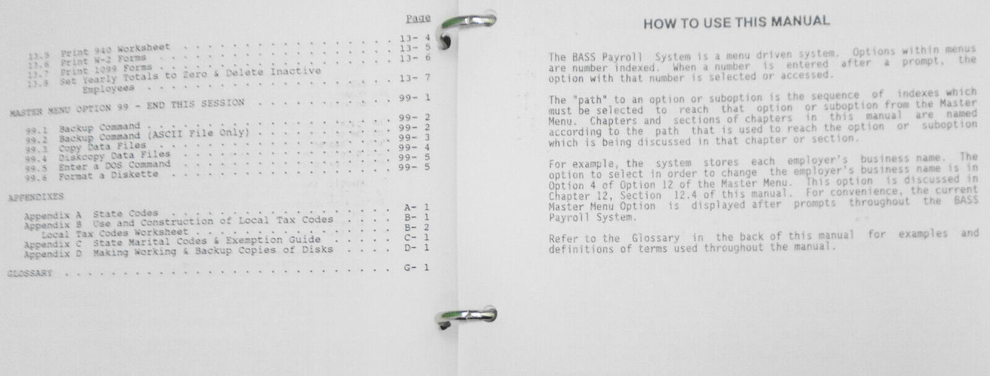 BASS Payroll System, 1988 - for restaurants & general use. IBM PCs 5 1/4" disks.