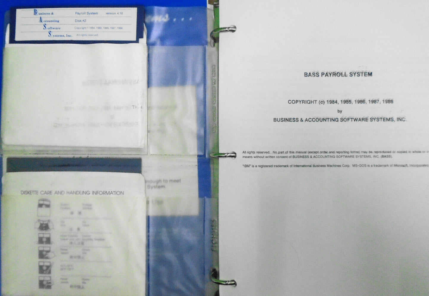 BASS Payroll System, 1988 - for restaurants & general use. IBM PCs 5 1/4" disks.