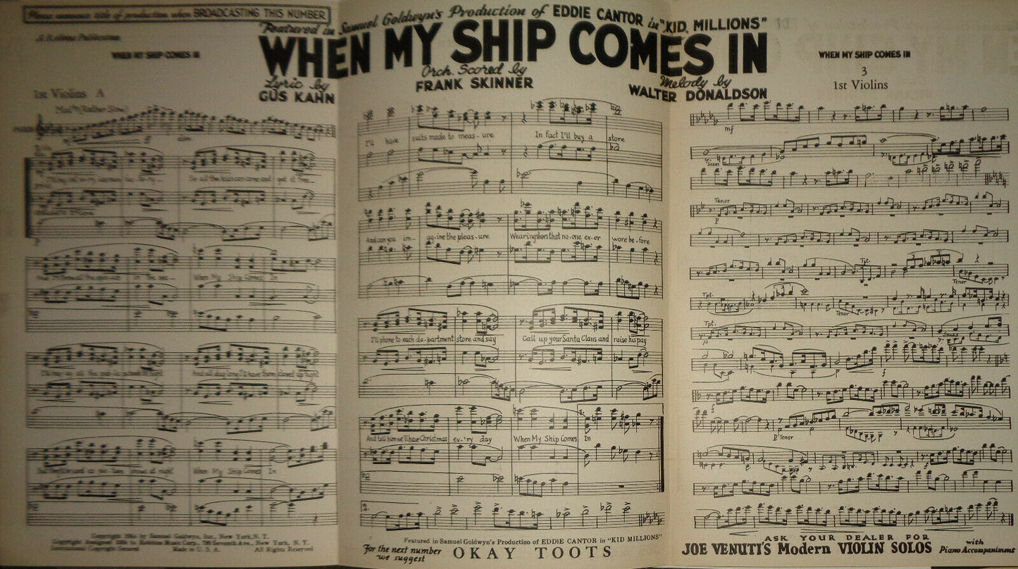 WHEN MY SHIP COMES IN, BY GUS KAHN - SHEET MUSIC FOR ORCHESTRA - 1934