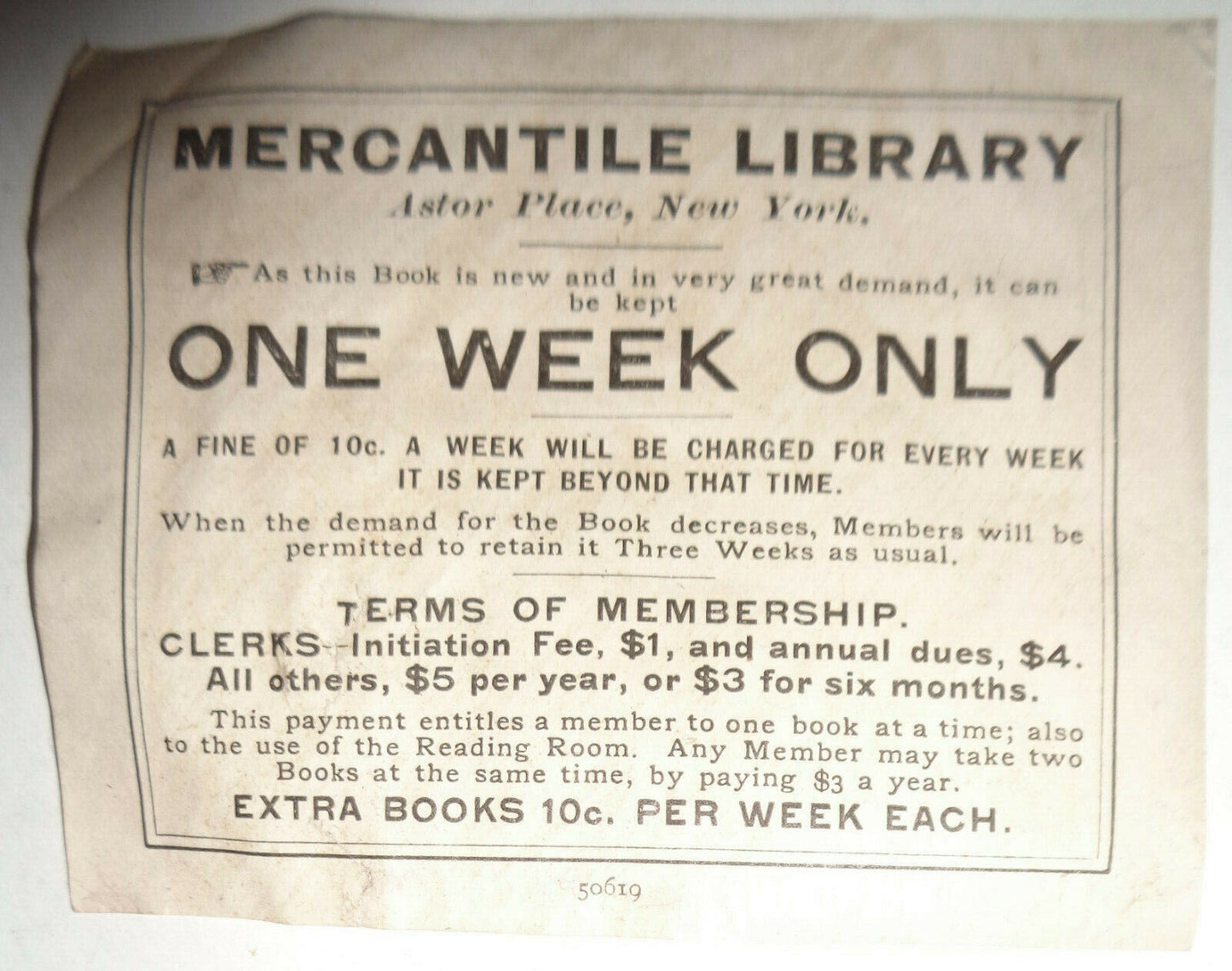 Mercantile Library, New York Ex Libris Bookplate - 19th century - 1 week variant