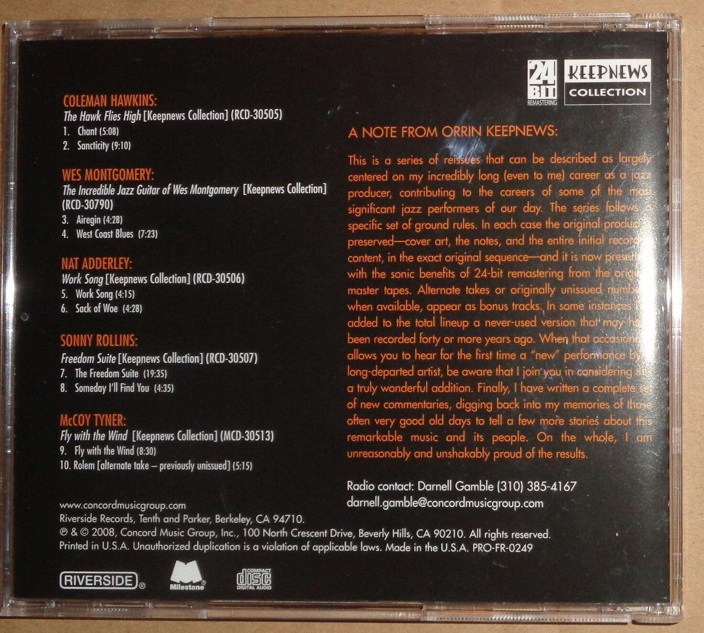 Keepnews Collection Sampler CD, 2008 - Coleman Hawkins, Wes Montgomery, JAZZ
