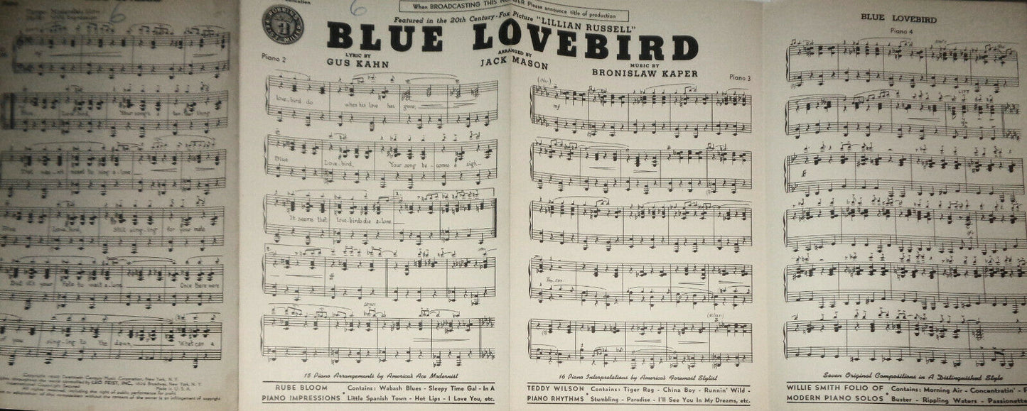 BLUE LOVEBIRD, by Gus Kahn, Bronislaw Kaper - 1940 Sheet music for orchestra