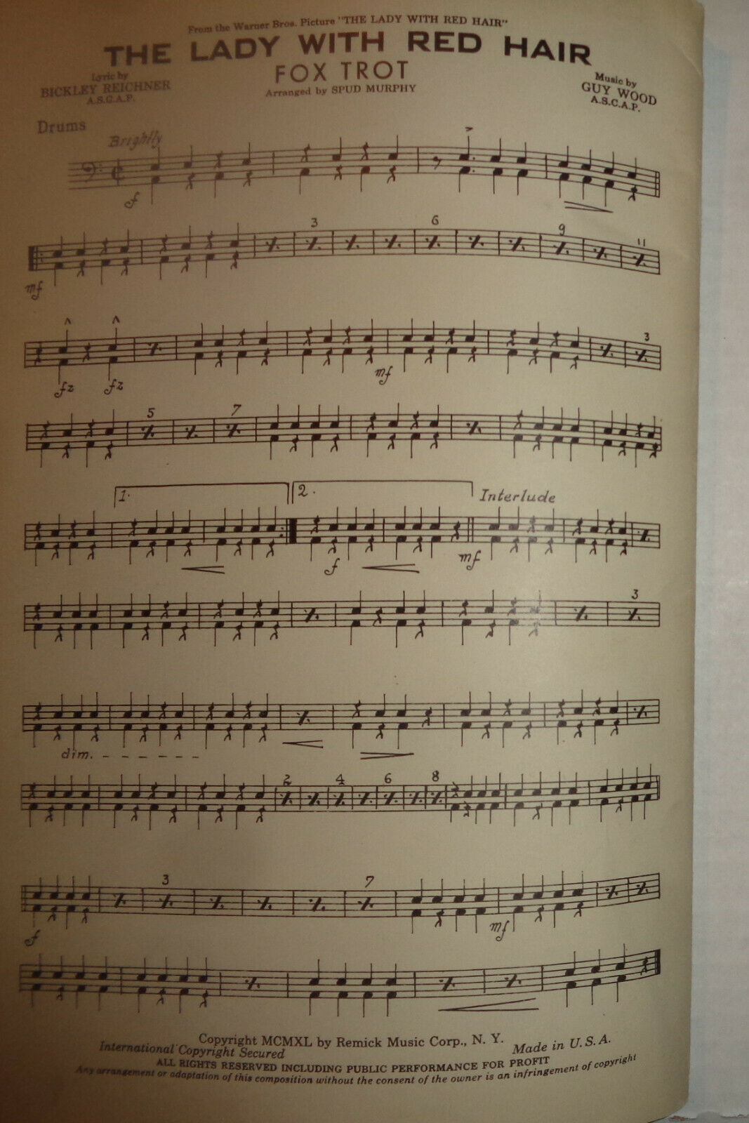 THE LADY WITH RED HAIR - FOX TROT - SHEET MUSIC FOR ORCHESTRA - 1940