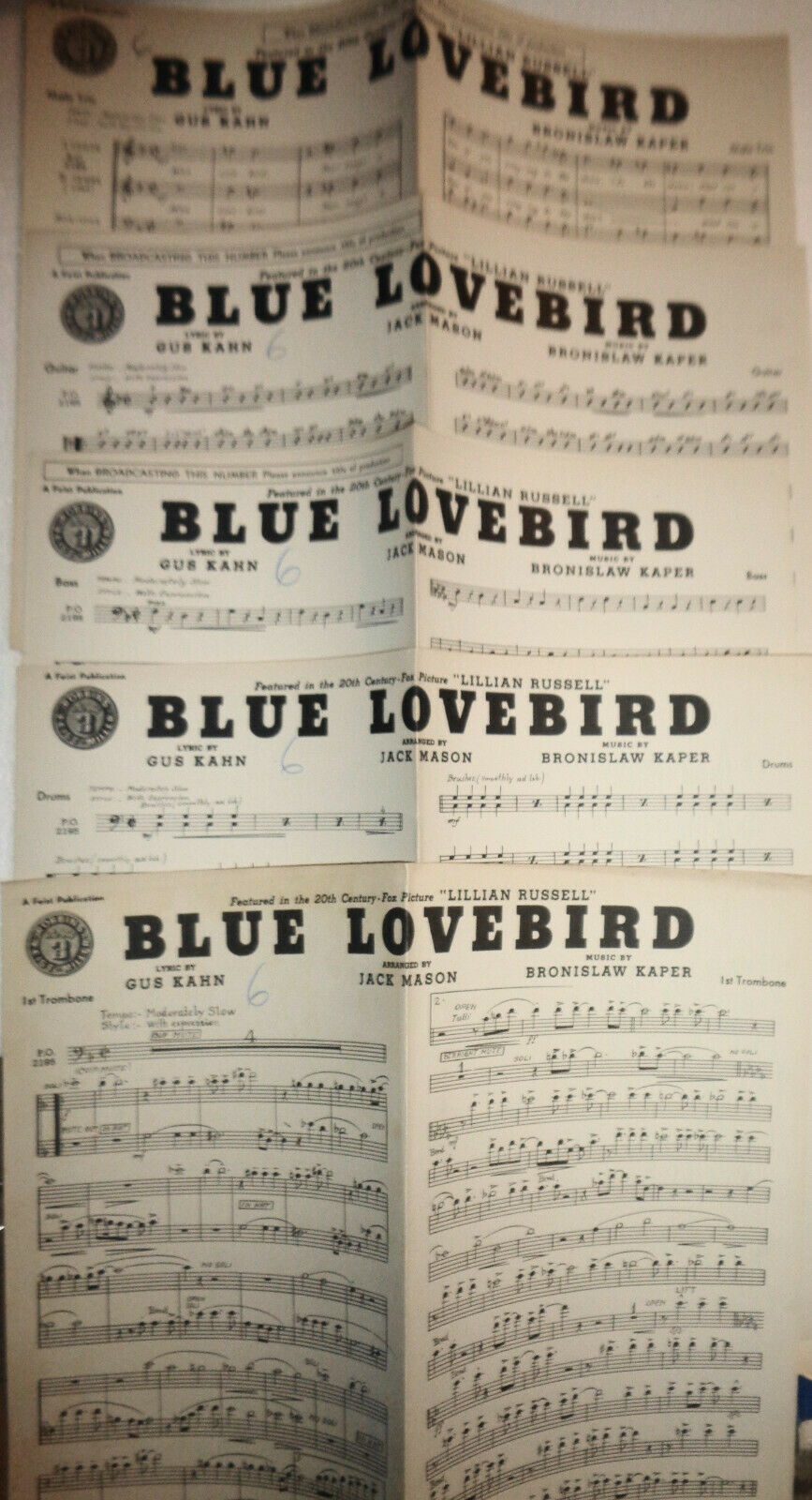 BLUE LOVEBIRD, by Gus Kahn, Bronislaw Kaper - 1940 Sheet music for orchestra