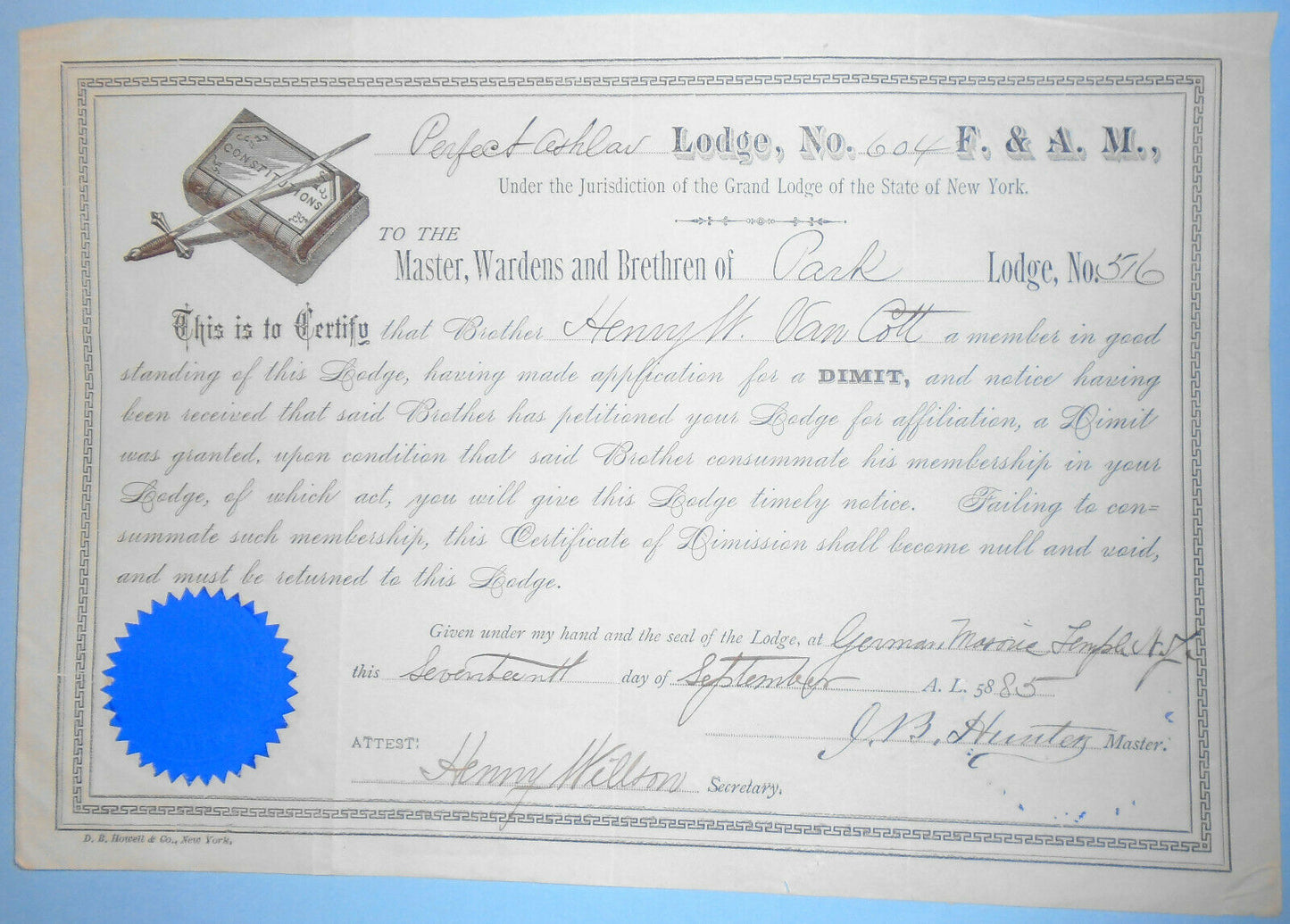 1885 Perfect Ashlar Lodge, New York - Certificate of Dimission