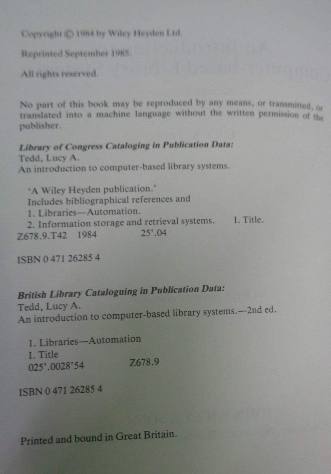 An Introduction to Computer-Based Library Systems by Lucy A Tedd. 1985 Hardcover