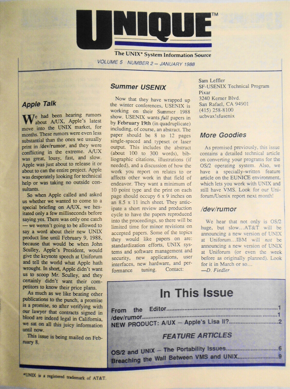 UNIQUE: The UNIX System Information Source Jan 1988 - Apple A/UX; OS/2 & UNIX