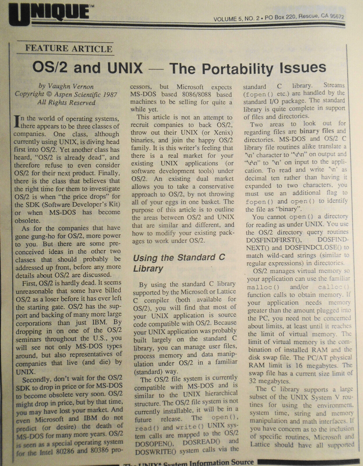 UNIQUE: The UNIX System Information Source Jan 1988 - Apple A/UX; OS/2 & UNIX