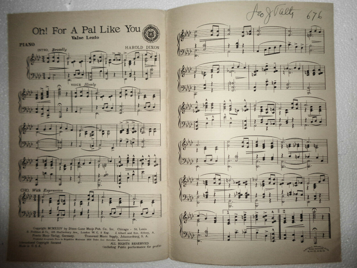 Oh, for a pal like you, Valse Lento, by Harold Dixon - 1924 for orchestra