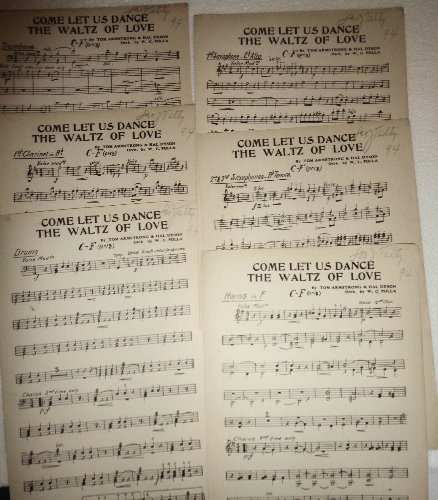 Come let us dance the waltz of love, by Tom Armstrong - 1924 for orchestra