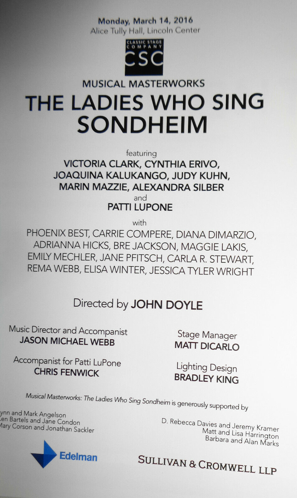 Ladies Who Sing Sondheim - Program - CSC Gala Celebration, Lincoln Center 2016