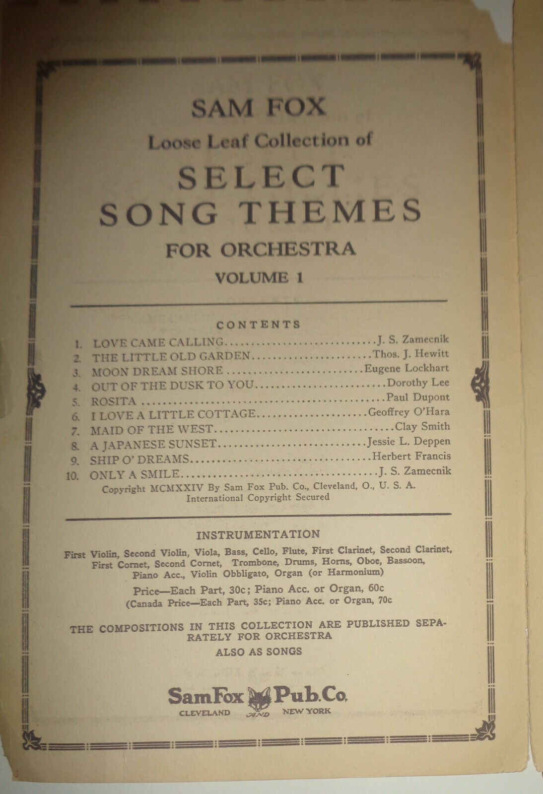 ROSITA Tango Fox Trot by Paul Dupont, 1923 - for orchestra Arr. by J S Zamecnik