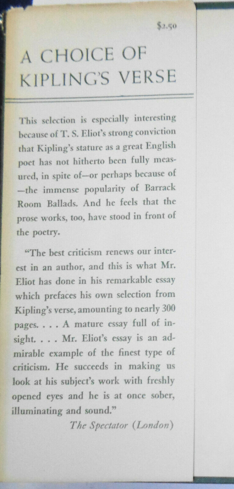 A choice of Kipling's verse, by Rudyard Kipling; T S Eliot. First edition, 1943