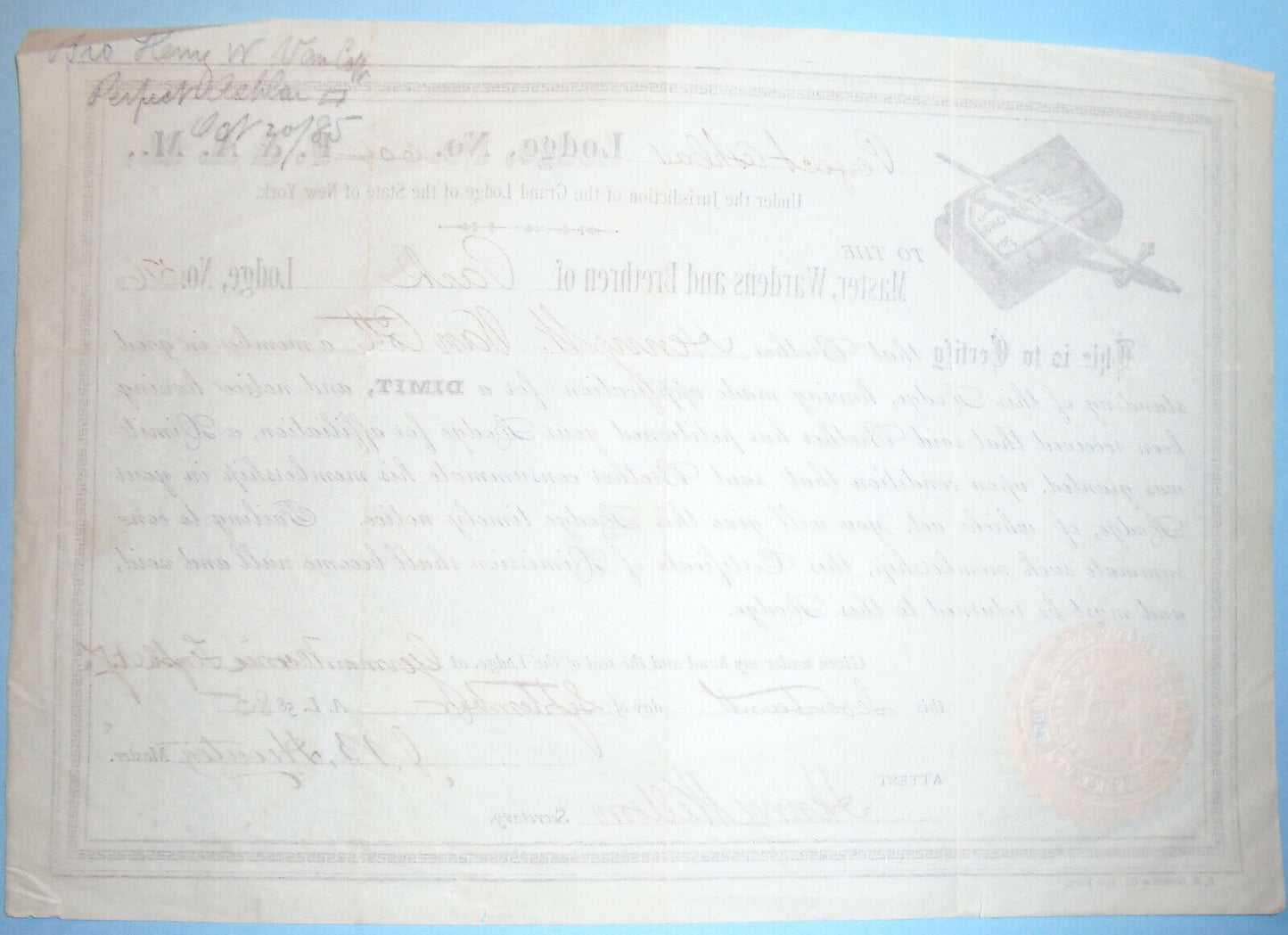 1885 Perfect Ashlar Lodge, New York - Certificate of Dimission