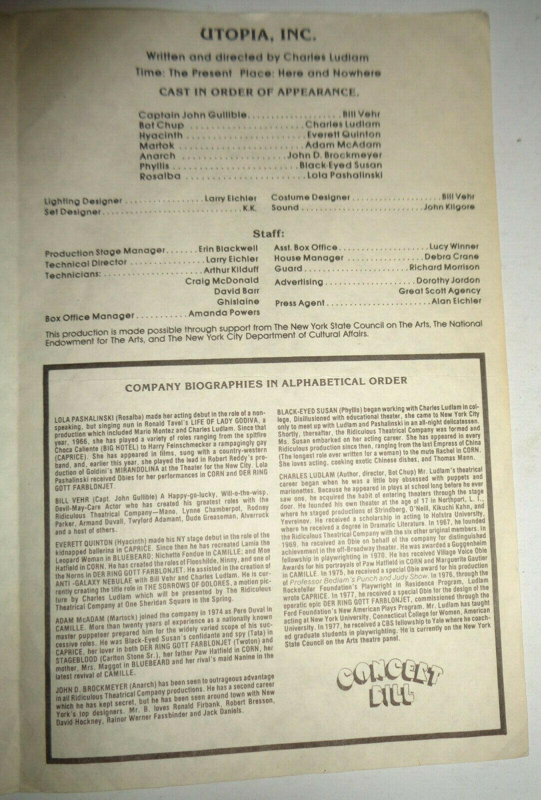 THE RIDICULOUS THEATRICAL COMPANY - UTOPIA, INC. - PROGRAM 1977