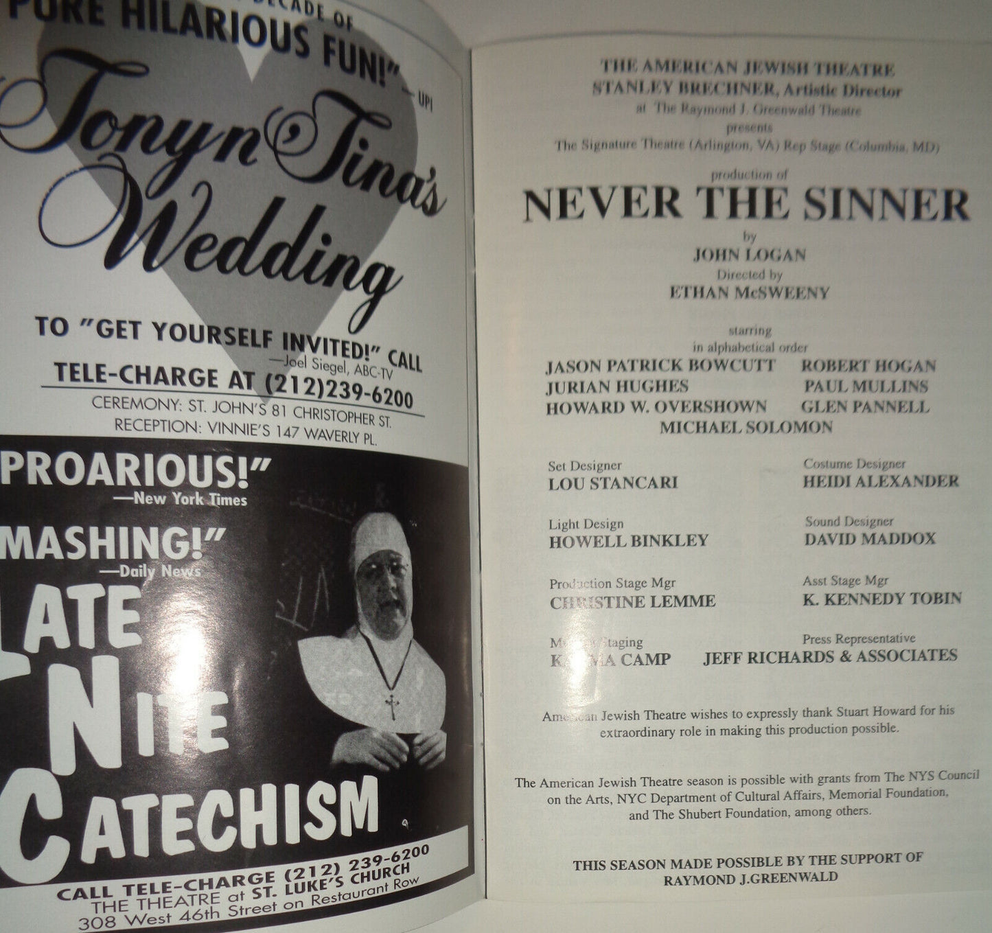 NEVER THE SINNER - PROGRAM - ENCORE, NOV / DEC 1997 AMERICAN JEWISH THEATRE