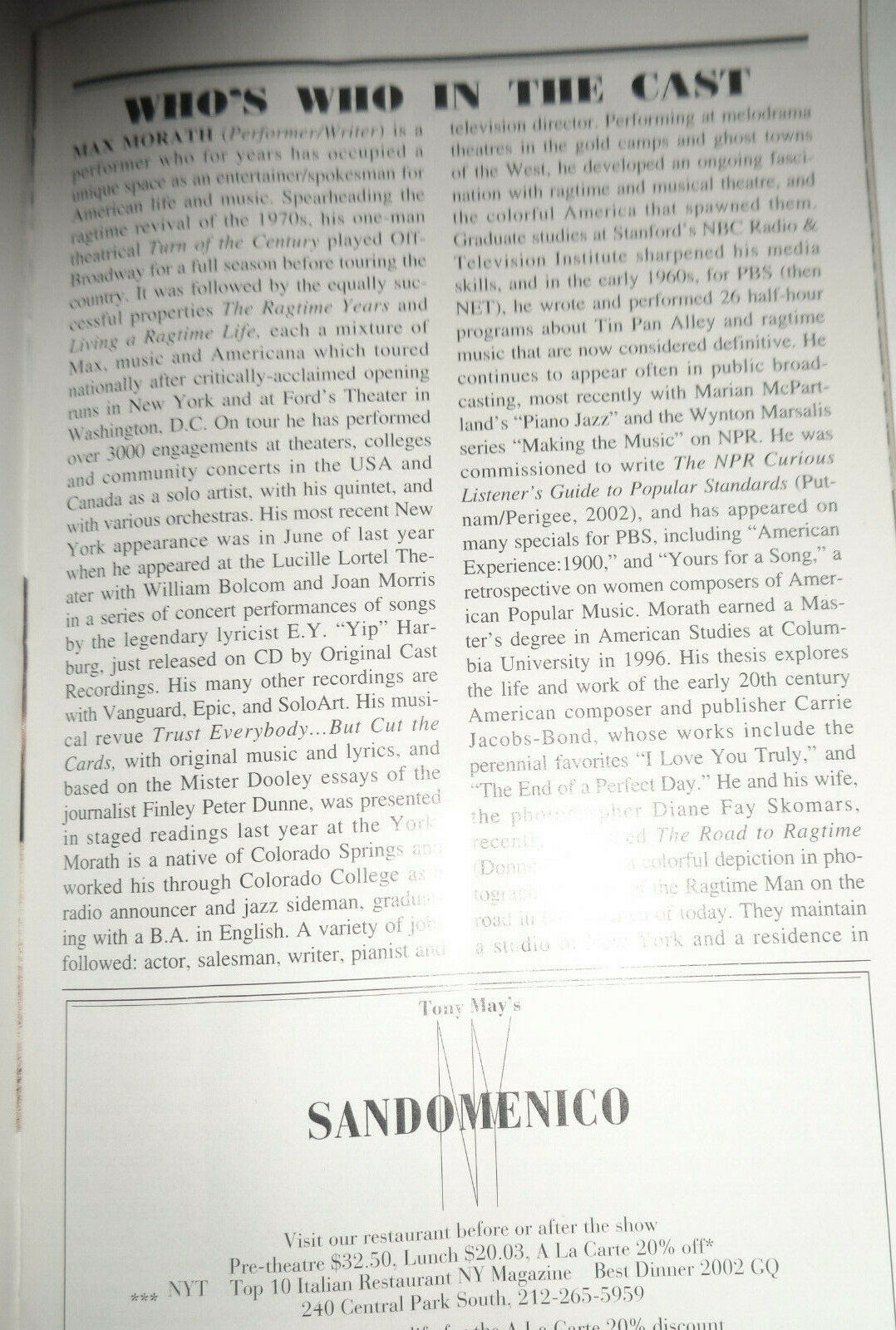 MAX MORATH RAGTIME AND AGAIN - PLAYBILL - FEBRUARY, 2004