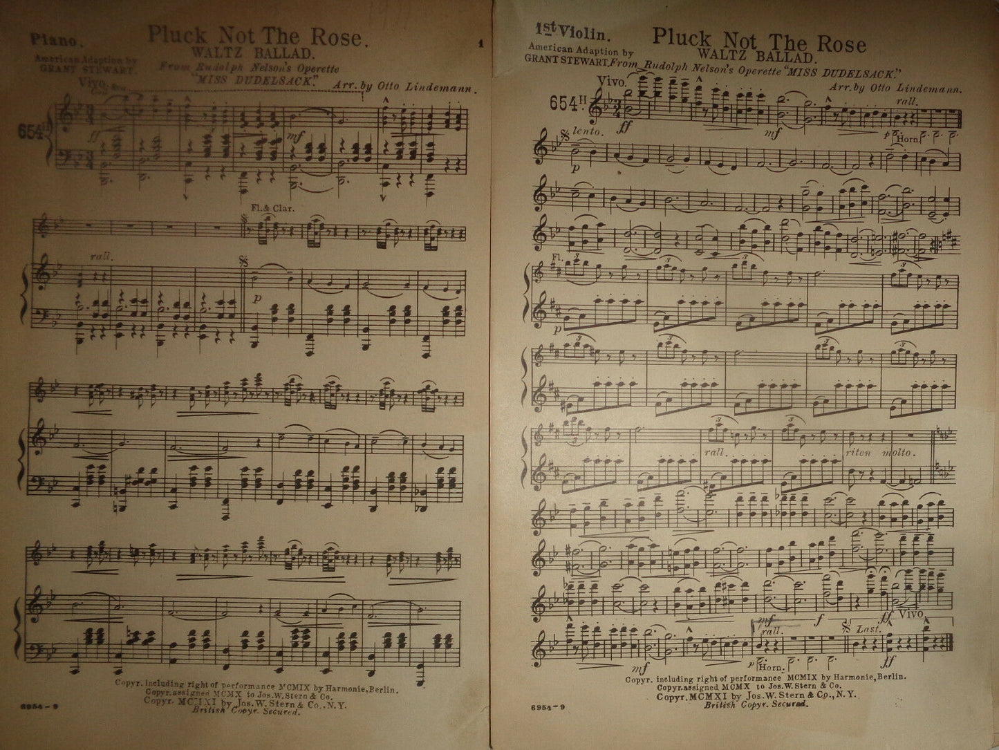 PLUCK NOT THE ROSE WALTZ BALLAD - SHEET MUSIC FOR ORCHESTRA - 1911