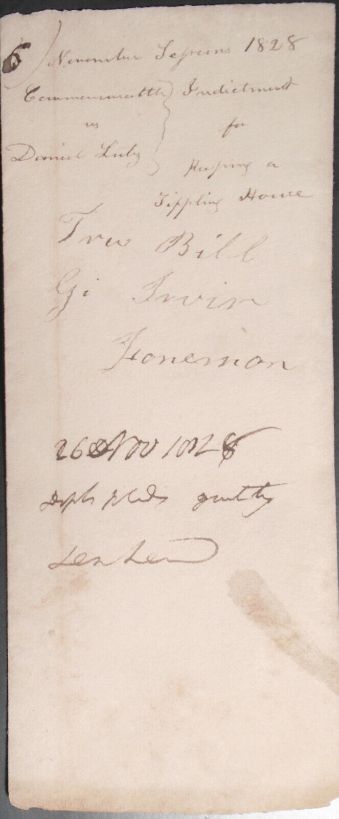 1828 Indictment of Daniel Luty for keeping a Tippling House - Adams County, PA
