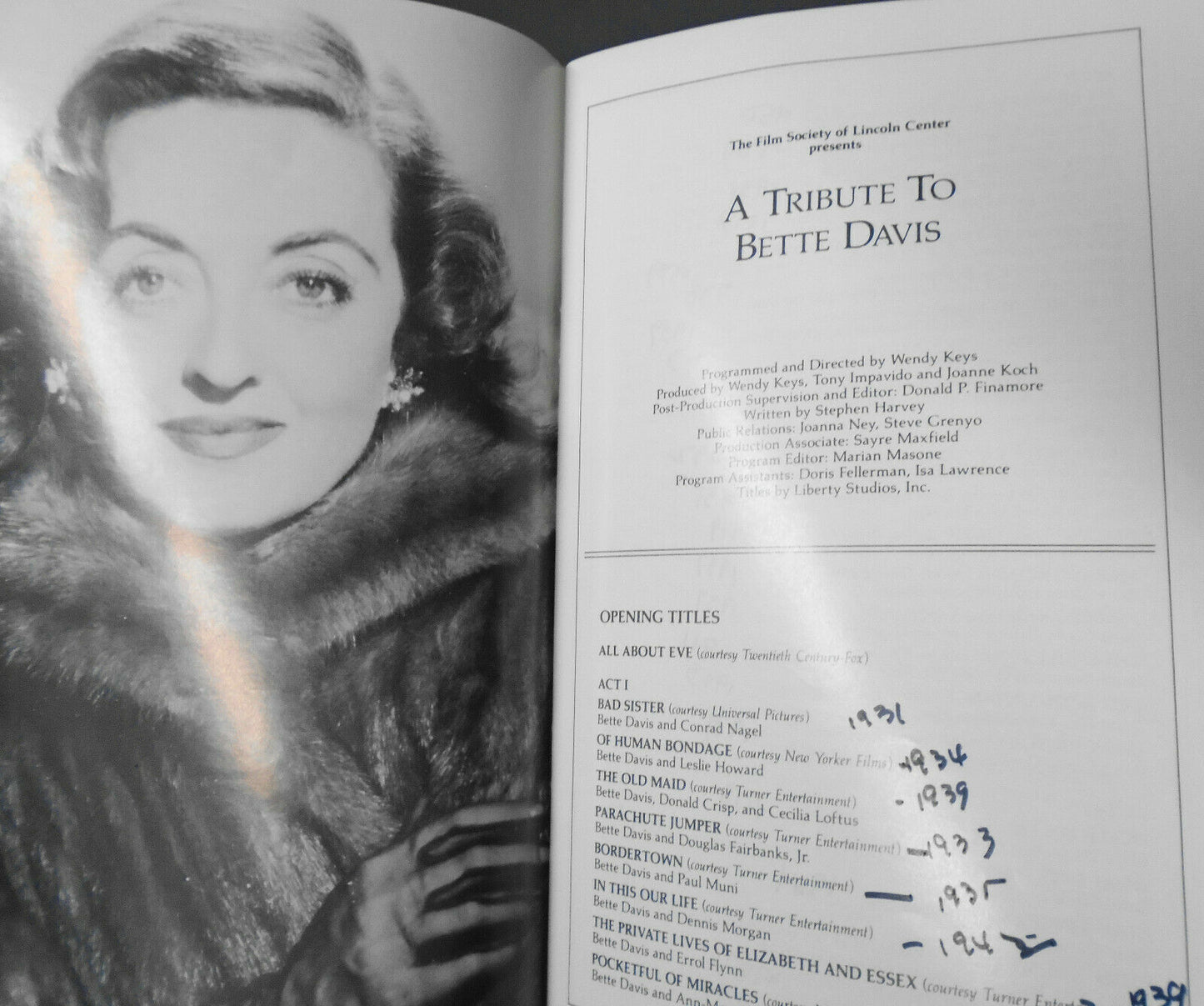 A Tribute To Bette Davis - Stagebill - April 1989 - Lincoln Center, April 1989