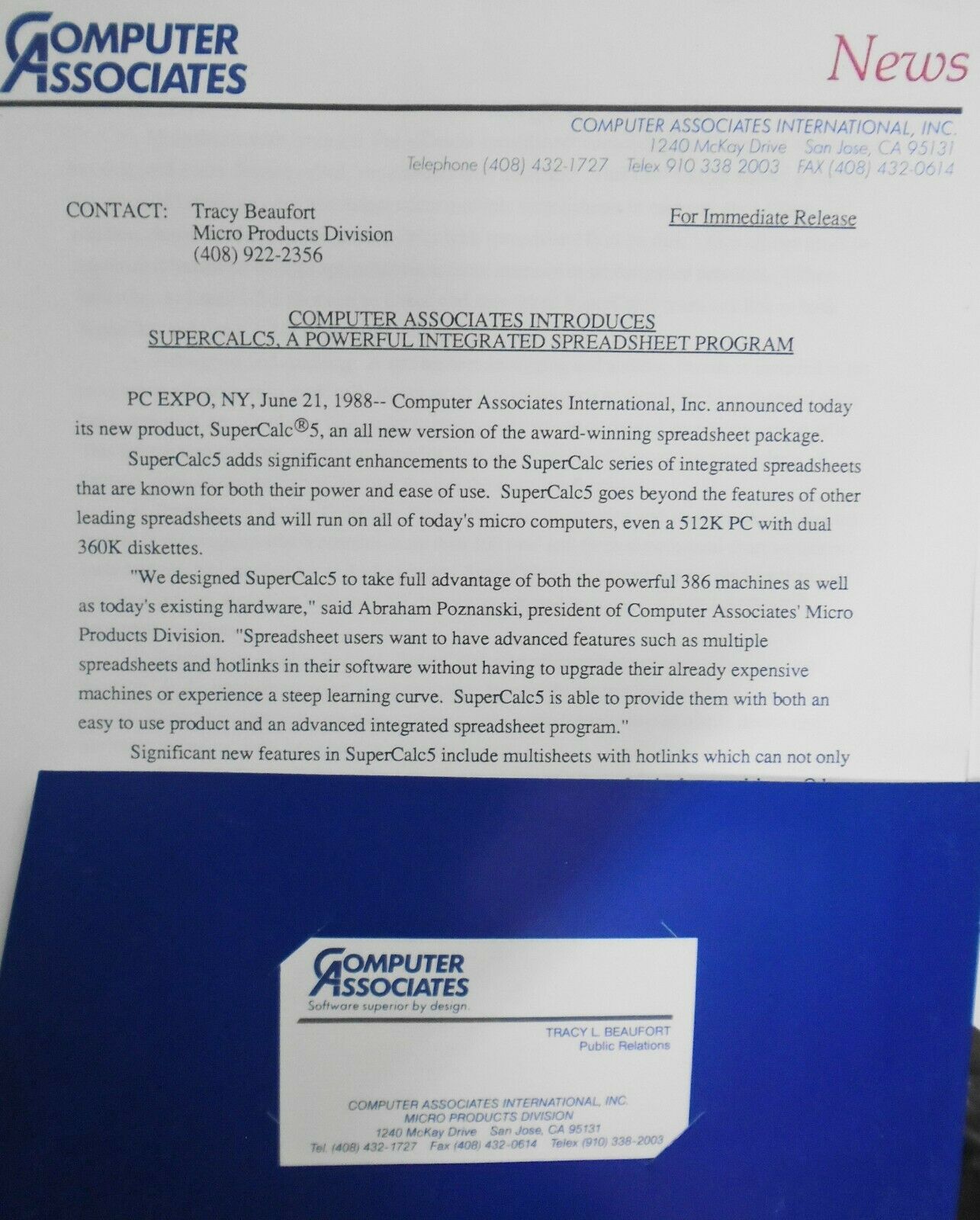 SuperCalc5 by Computer Associates : Demo Program and Press Kit. 1988. IBM 5 1/4"
