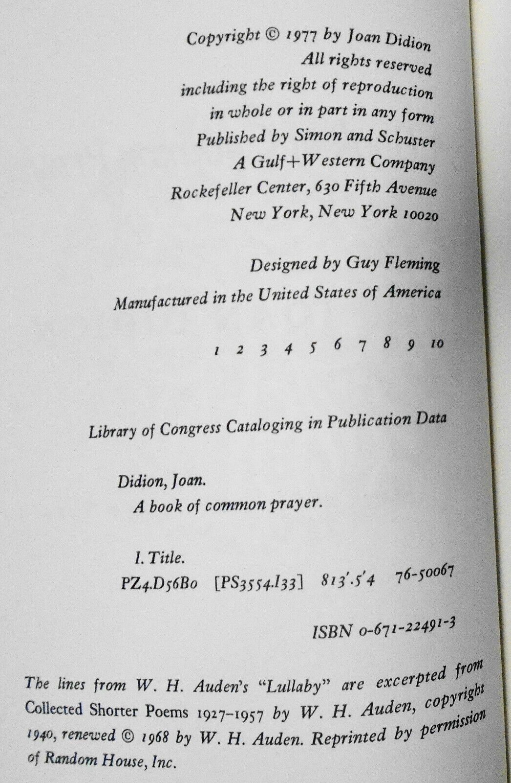 Joan Didion : A Book of Common Prayer. First Edition, First Printing 1977
