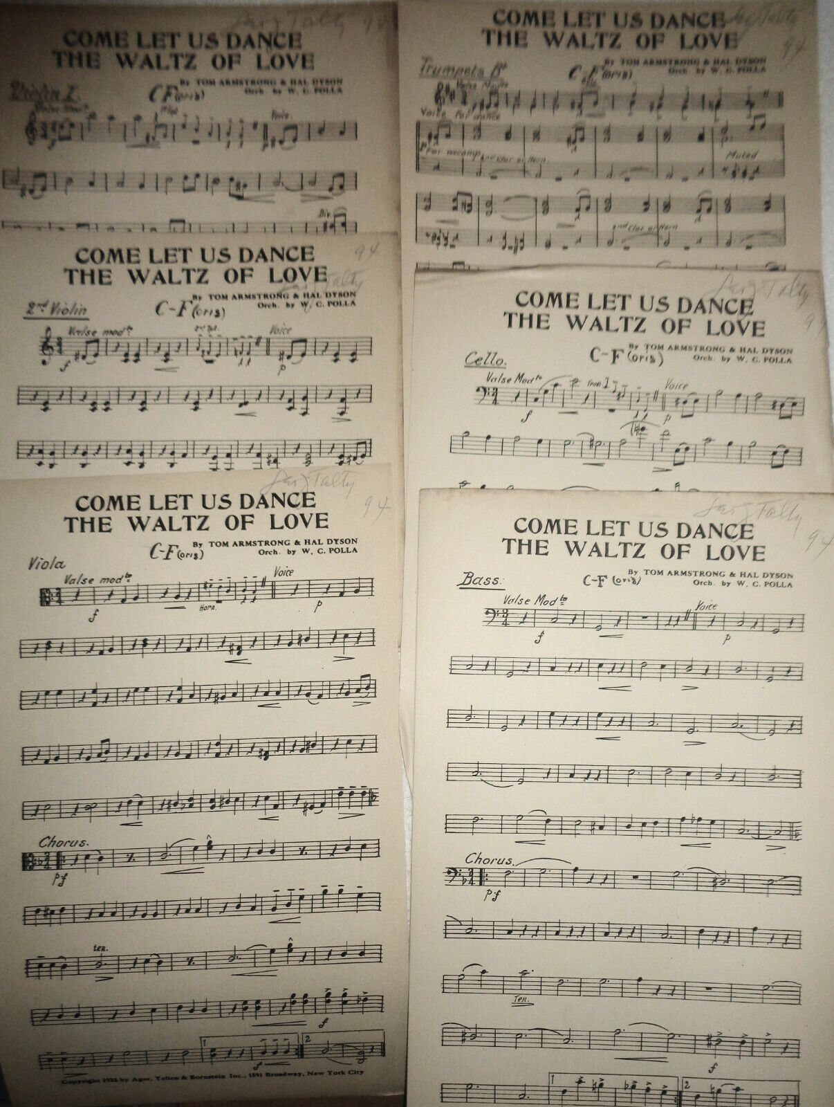 Come let us dance the waltz of love, by Tom Armstrong - 1924 for orchestra