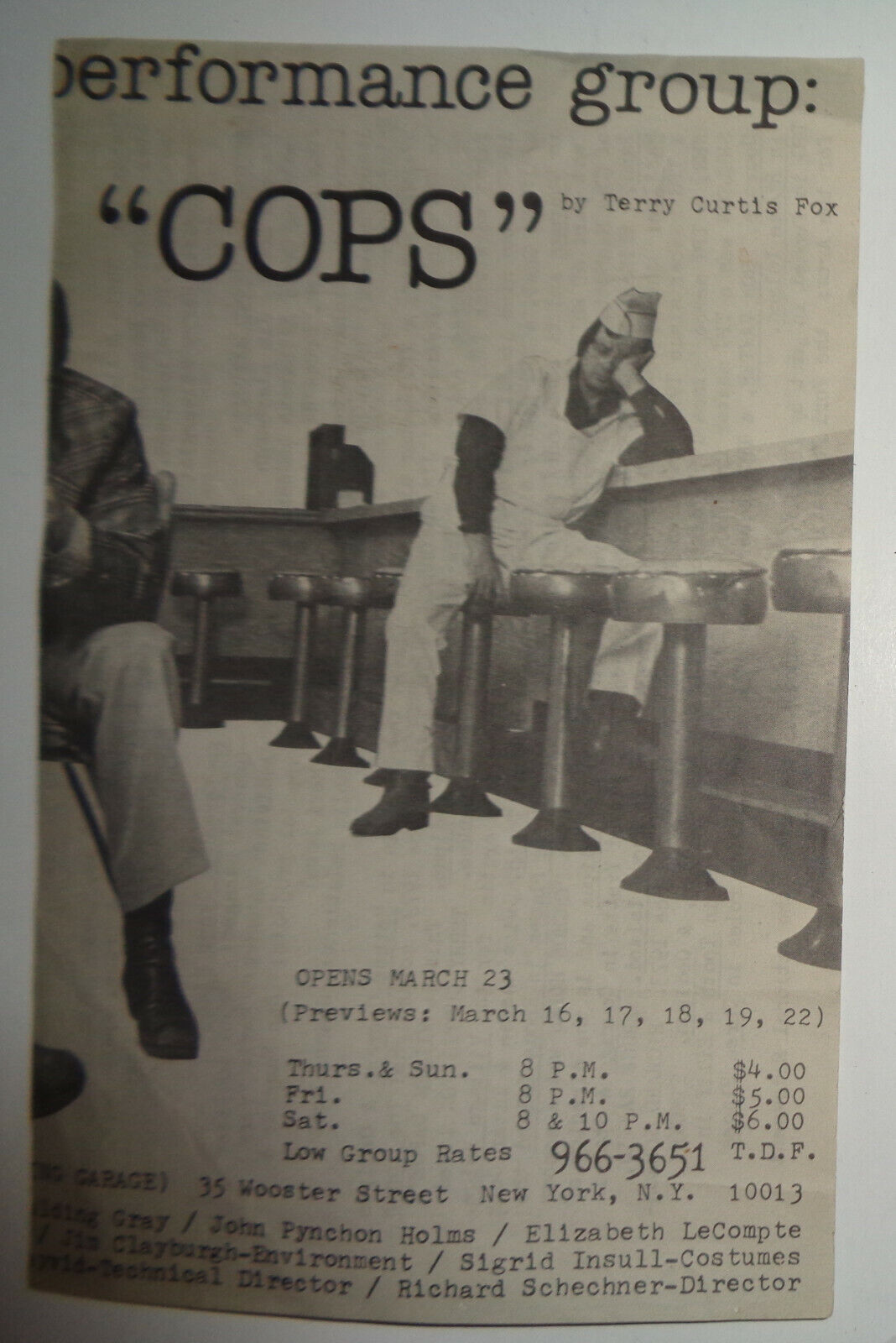 Spalding Gray in "COPS" - PROGRAM - 1977 - THE PERFORMANCE GROUP, NYC