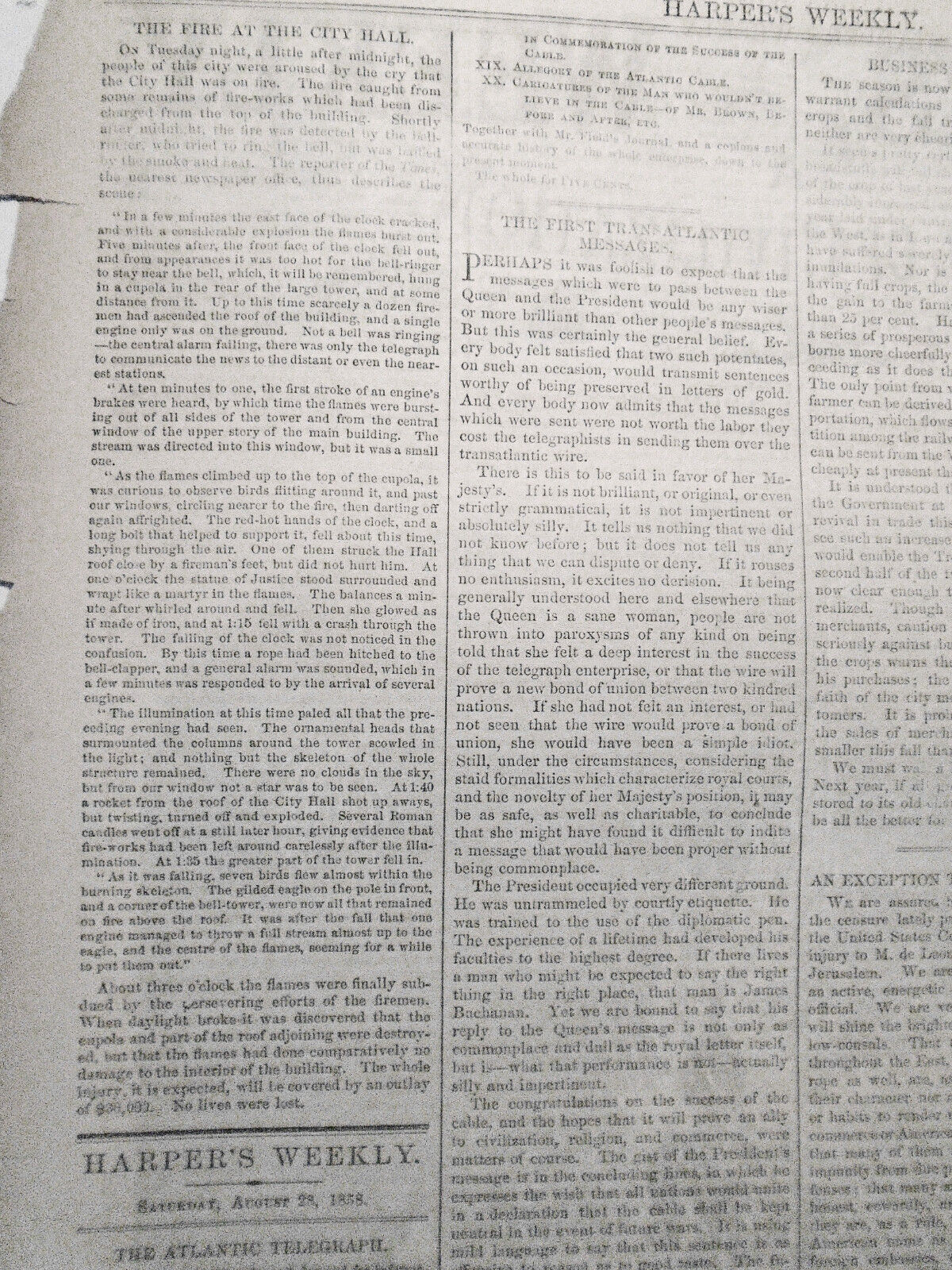 The Burning Of The City Hall, New York -- Harper's Weekly, August 18, 1858