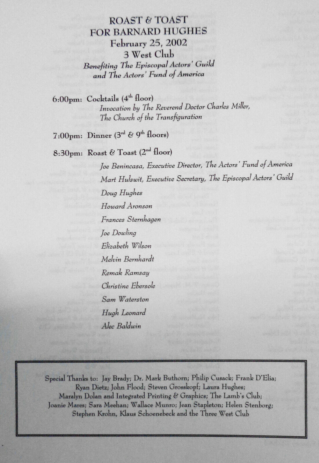 ROAST & TOAST BARNARD HUGHES - SOUVENIR PROGRAM - FEB 25, 2002. Actors' Fund, NY