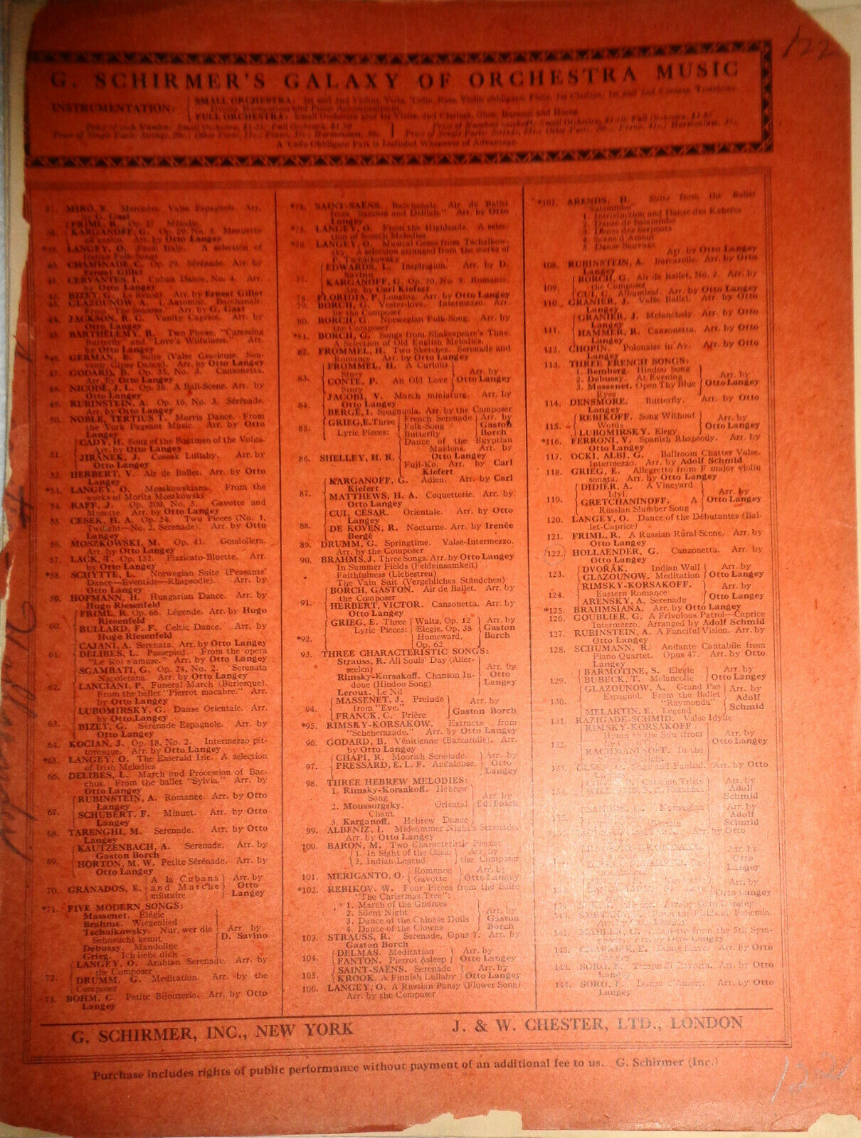 Canzonetta, by Gustav Hollaender. 1918 Orchestra score. Arranged by Otto Langey.
