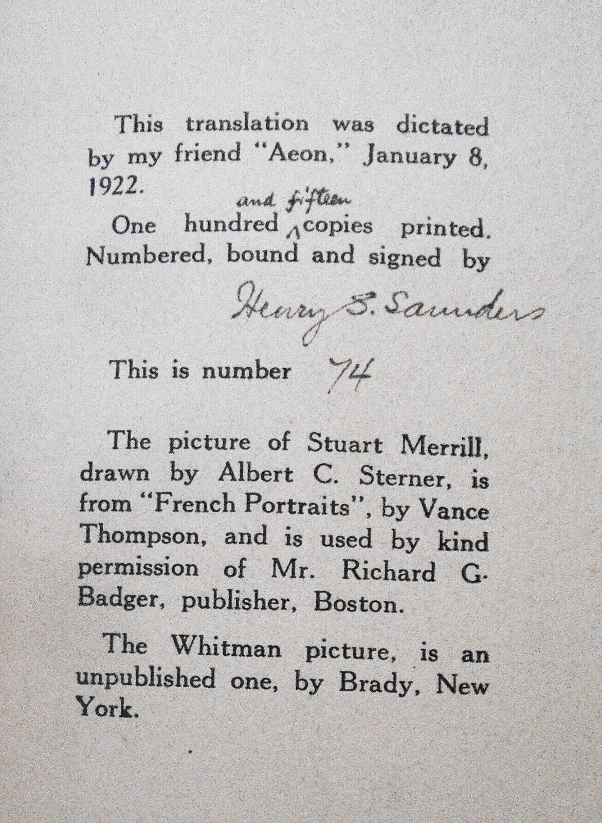 1922 Walt Whitman by Stuart Merrill - Ltd edition # 74/115 signed by Saunders