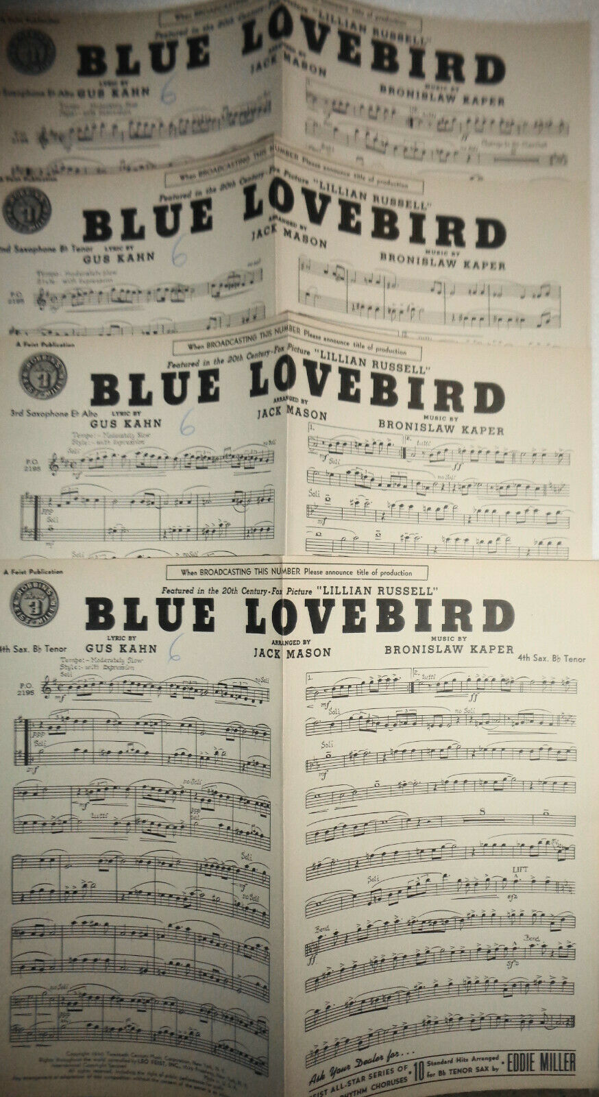 BLUE LOVEBIRD, by Gus Kahn, Bronislaw Kaper - 1940 Sheet music for orchestra