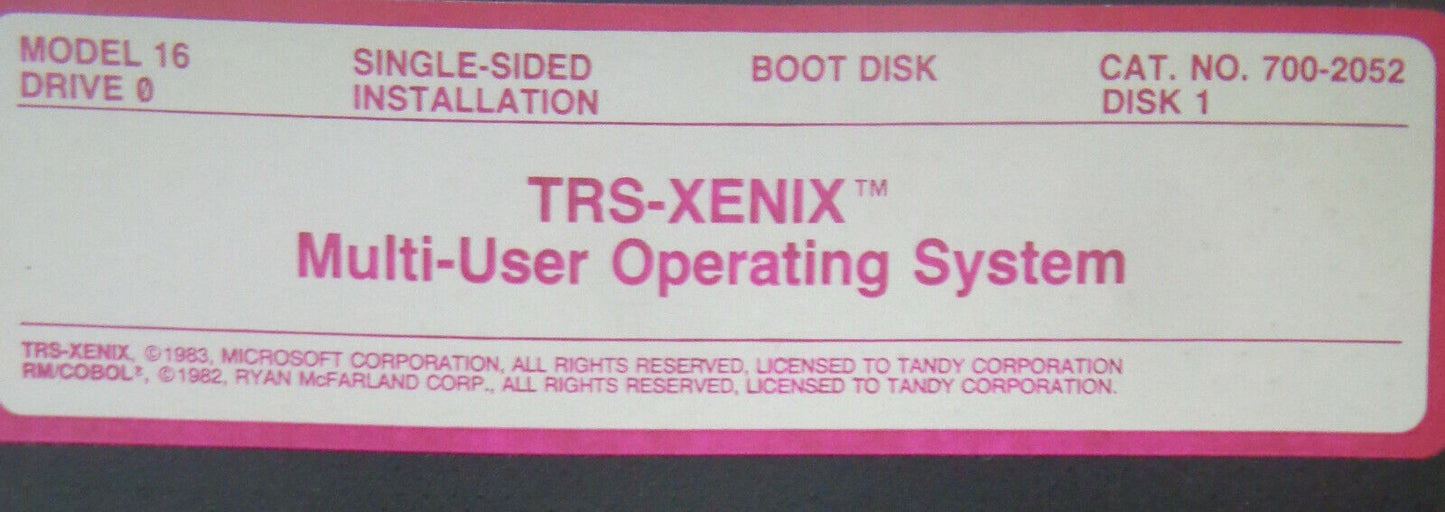 Radio Shack TRS-80 Model 16 XENIX Multi-User Operating System program - 1983