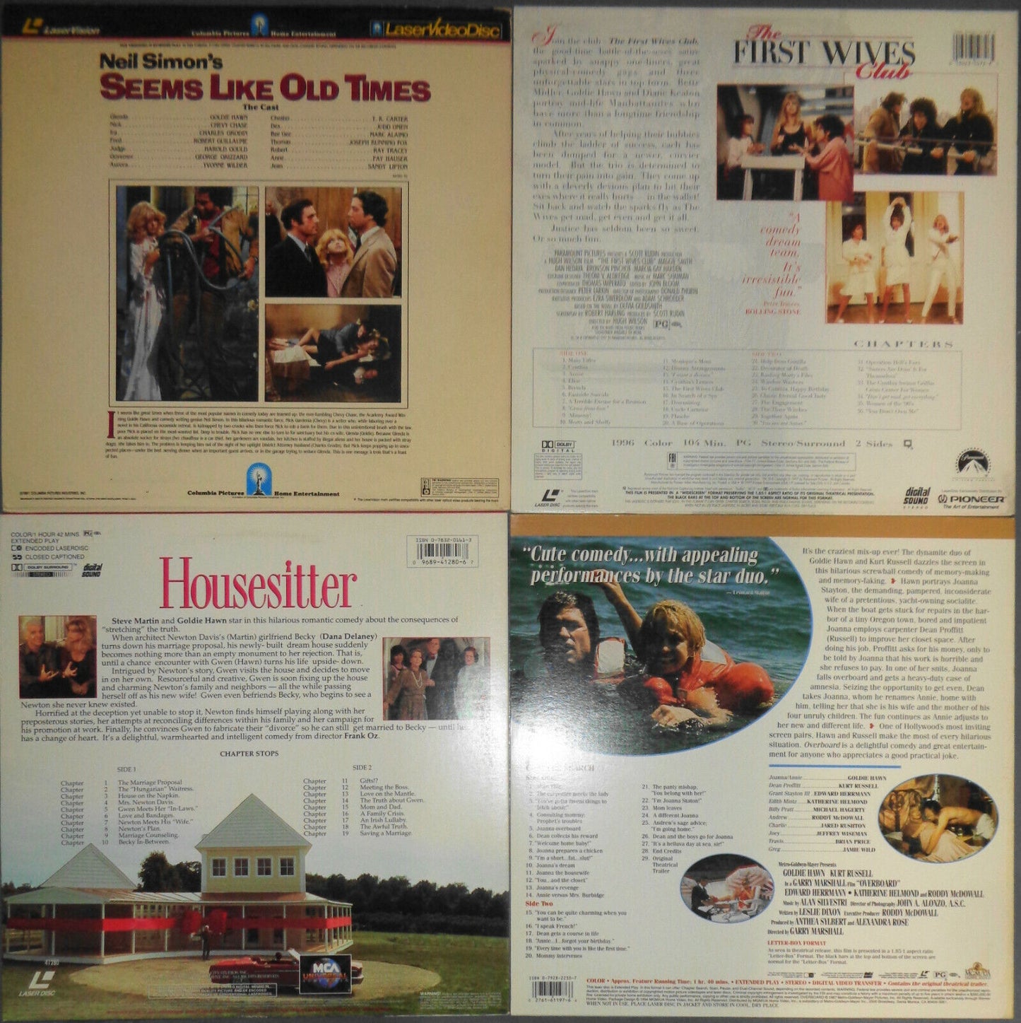4 Goldie Hawn laserdiscs: Seems Like Old Times Overboard Housesitter 1st Wives