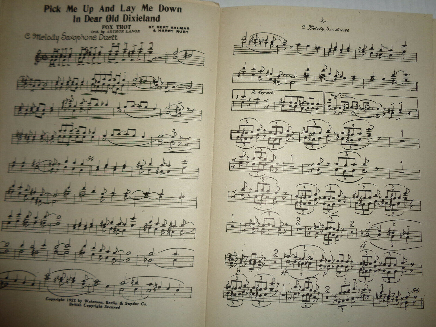 PICK ME UP & LAY ME DOWN IN DEAR OLD DIXIELAND SHEET MUSIC FOR ORCHESTRA - 1922
