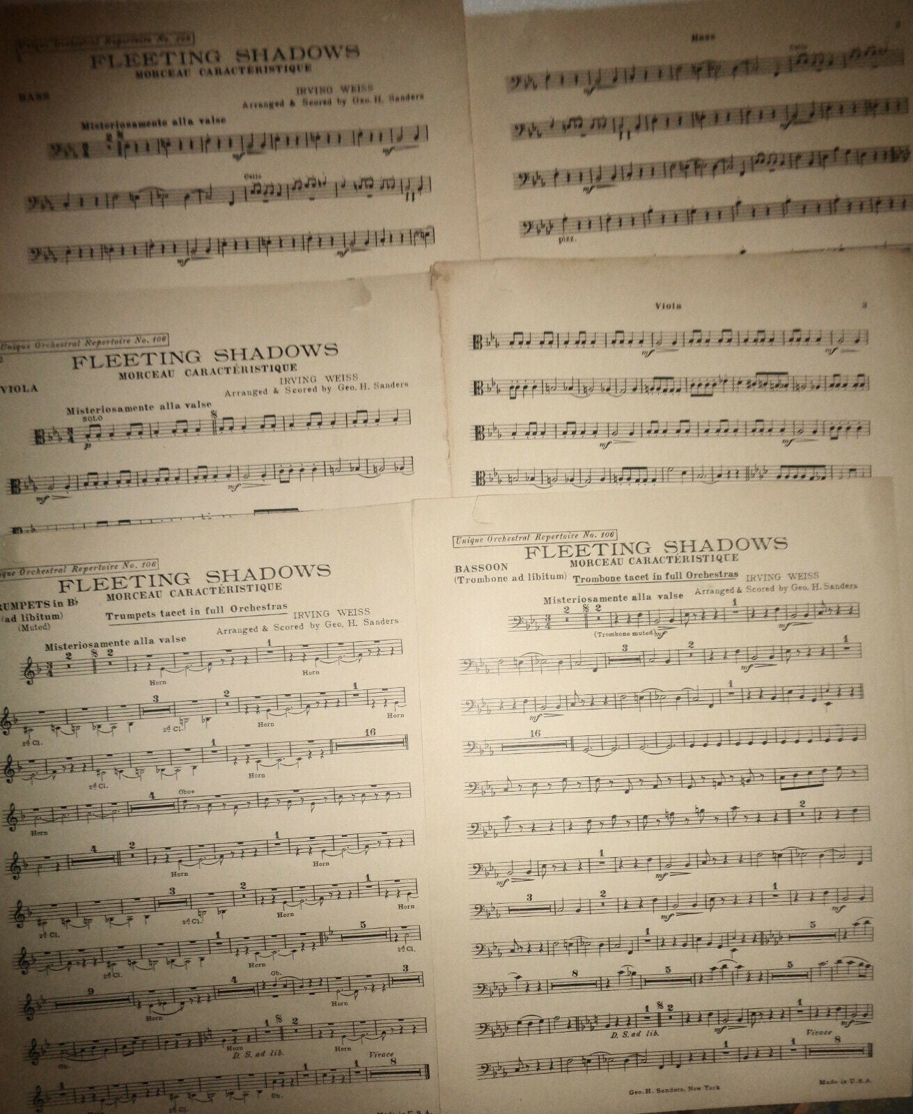 FLEETING SHADOWS - MORCEAU CARACTERISTIQUE by Irving Weiss 1925 orchestra score