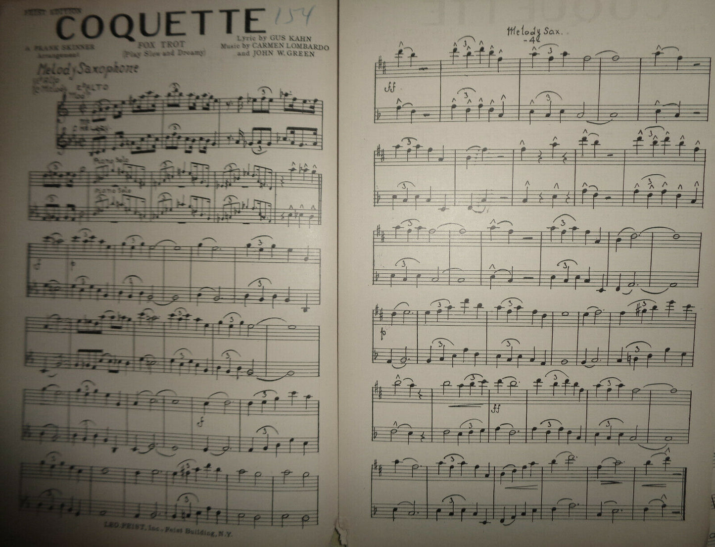 COQUETTE, BY GUS KAHN, CARMEN LOMBARDO, JOHN GREEN - 1928 FOX TROT FOR ORCHESTRA