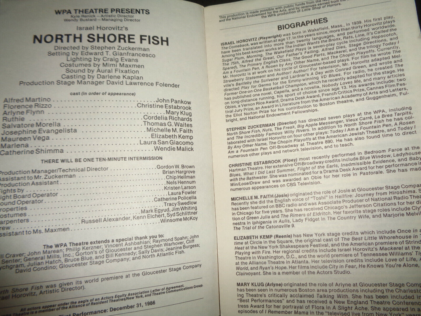 North Shore Fish, by Israel Horovitz - 1986 Program - WPA Theatre, NYC