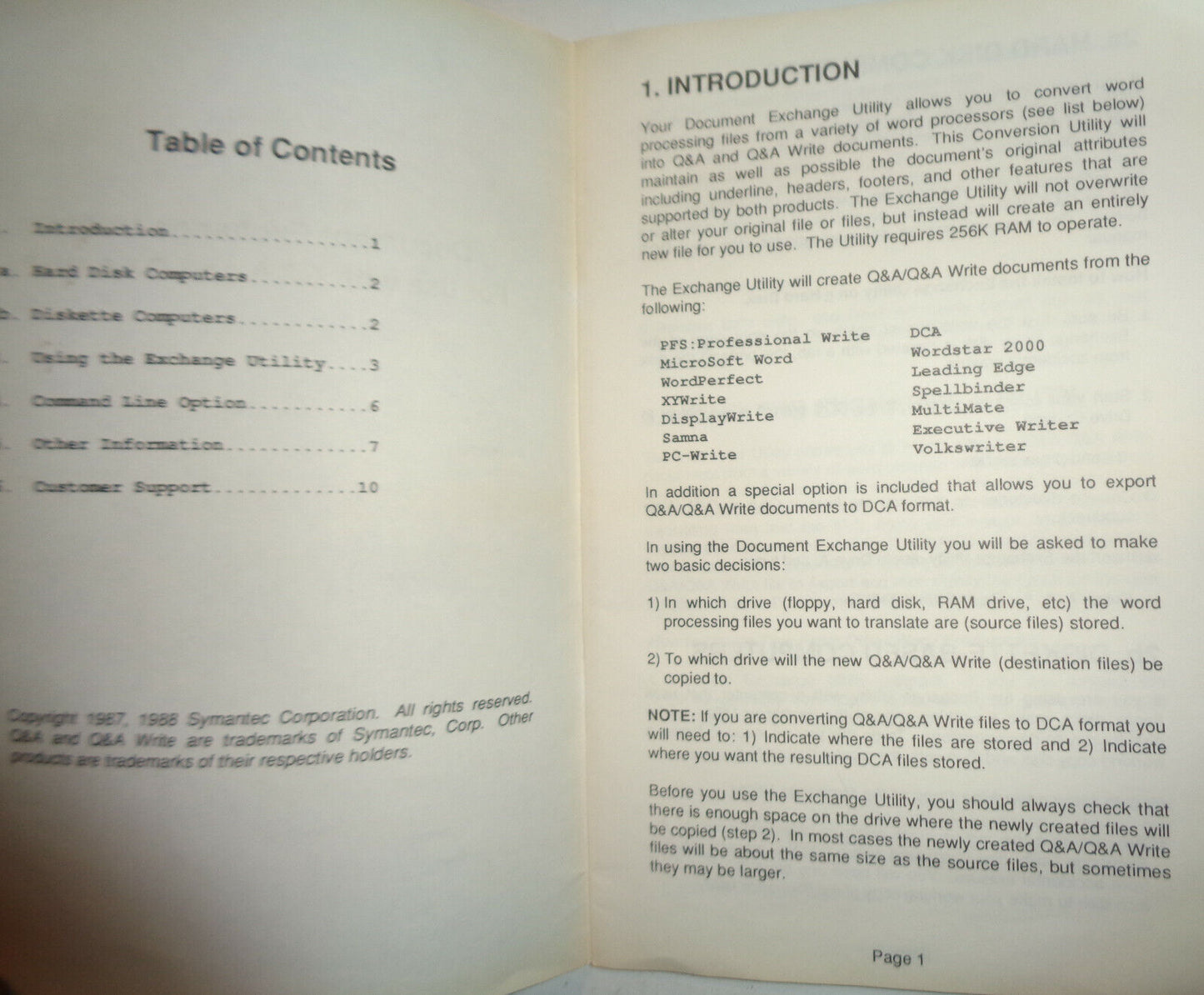 Symantec Document Exchange Utility for Q & A and Q & A Write. 1987. Version 1.01
