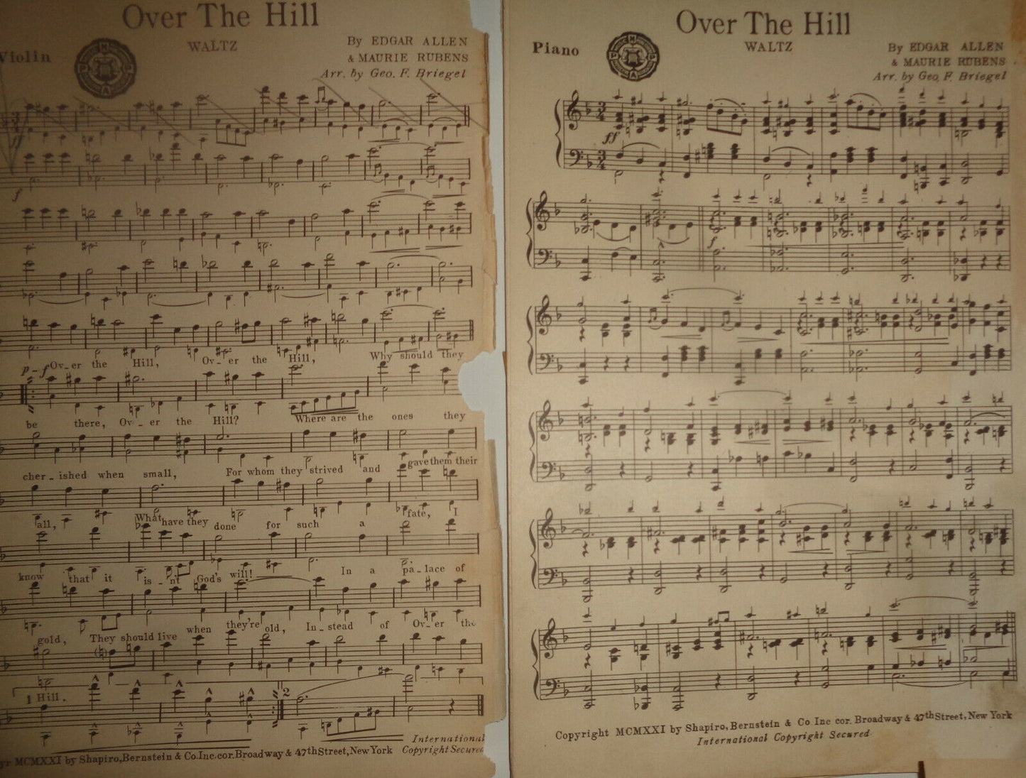 OVER THE HILL - WALTZ - SHEET MUSIC FOR ORCHESTRA - 1921