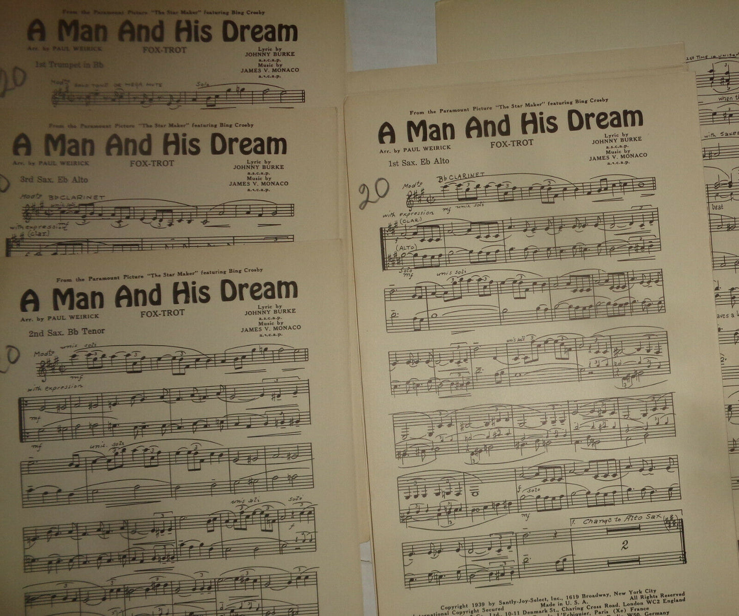 A MAN AND HIS DREAM - - FOX TROT -- SHEET MUSIC FOR ORCHESTRA - 1939