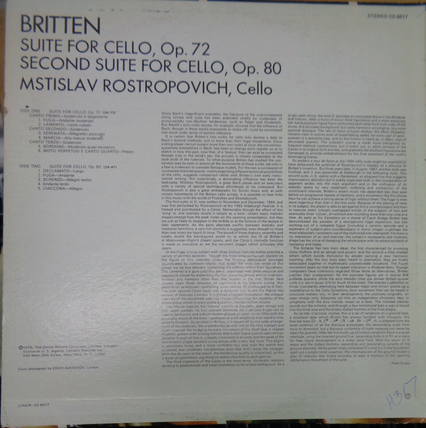 MSTISLAV ROSTROPOVICH - BRITTEN THE SUITES FOR CELLO lp - LONDON FFRR CS 6617