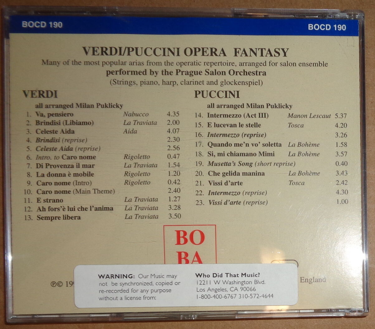 Verdi / Puccini Opera Fantasy - CD - 1996, Bosworth Production Music. BOCD 190