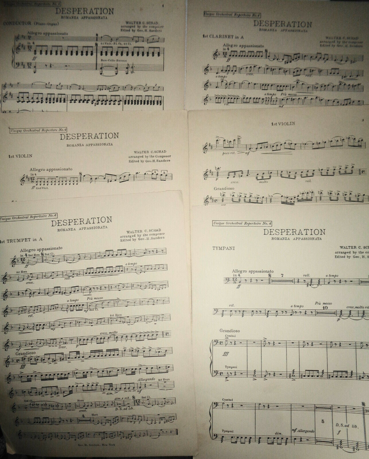 DESPERATION - ROMANZA APPASSIONATA, by Walter C Schad. 1925 orchestra score