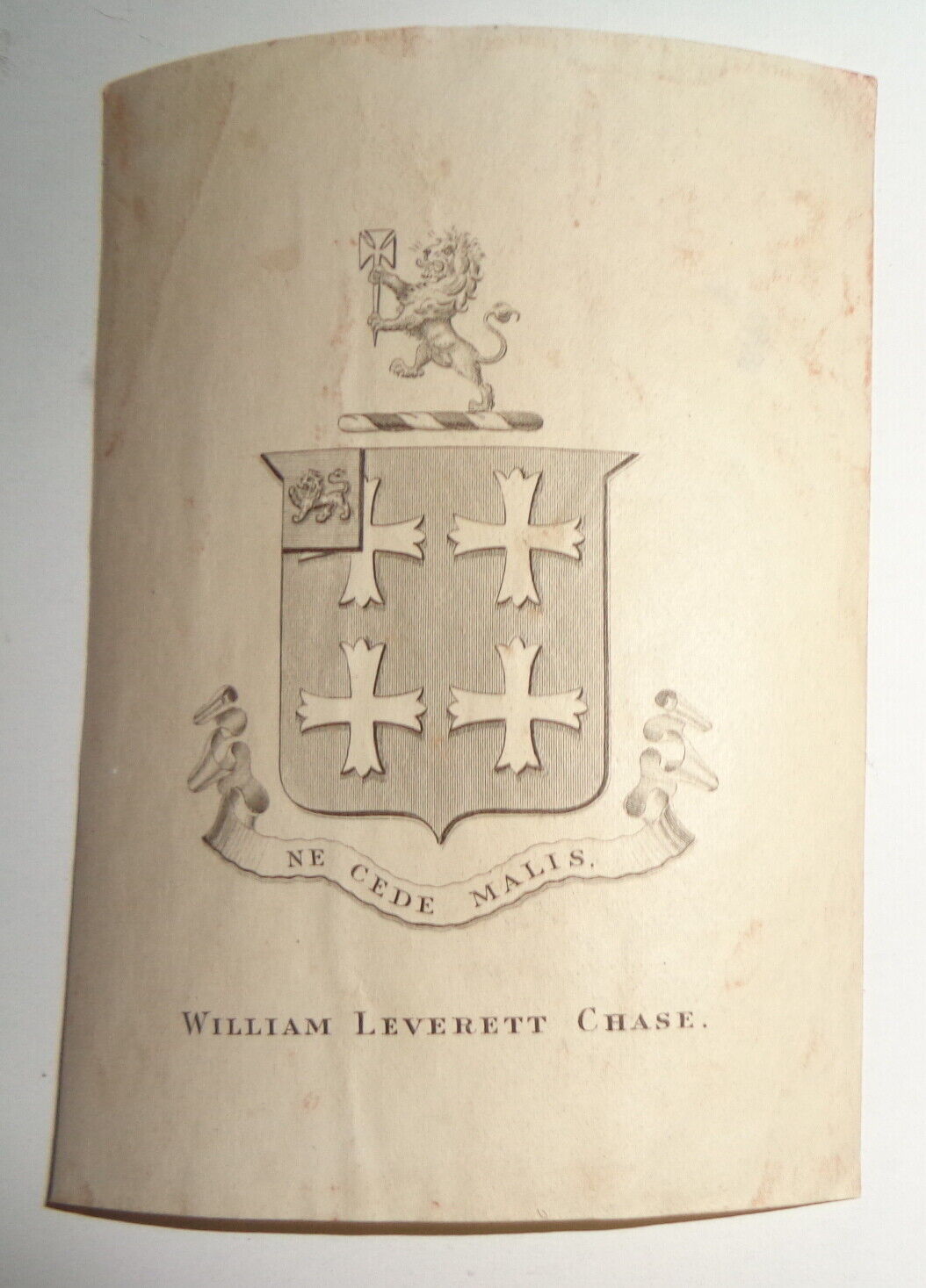 William Leverett Chase - armorial Bookplate - 19th century - "Ne Cede Malis"