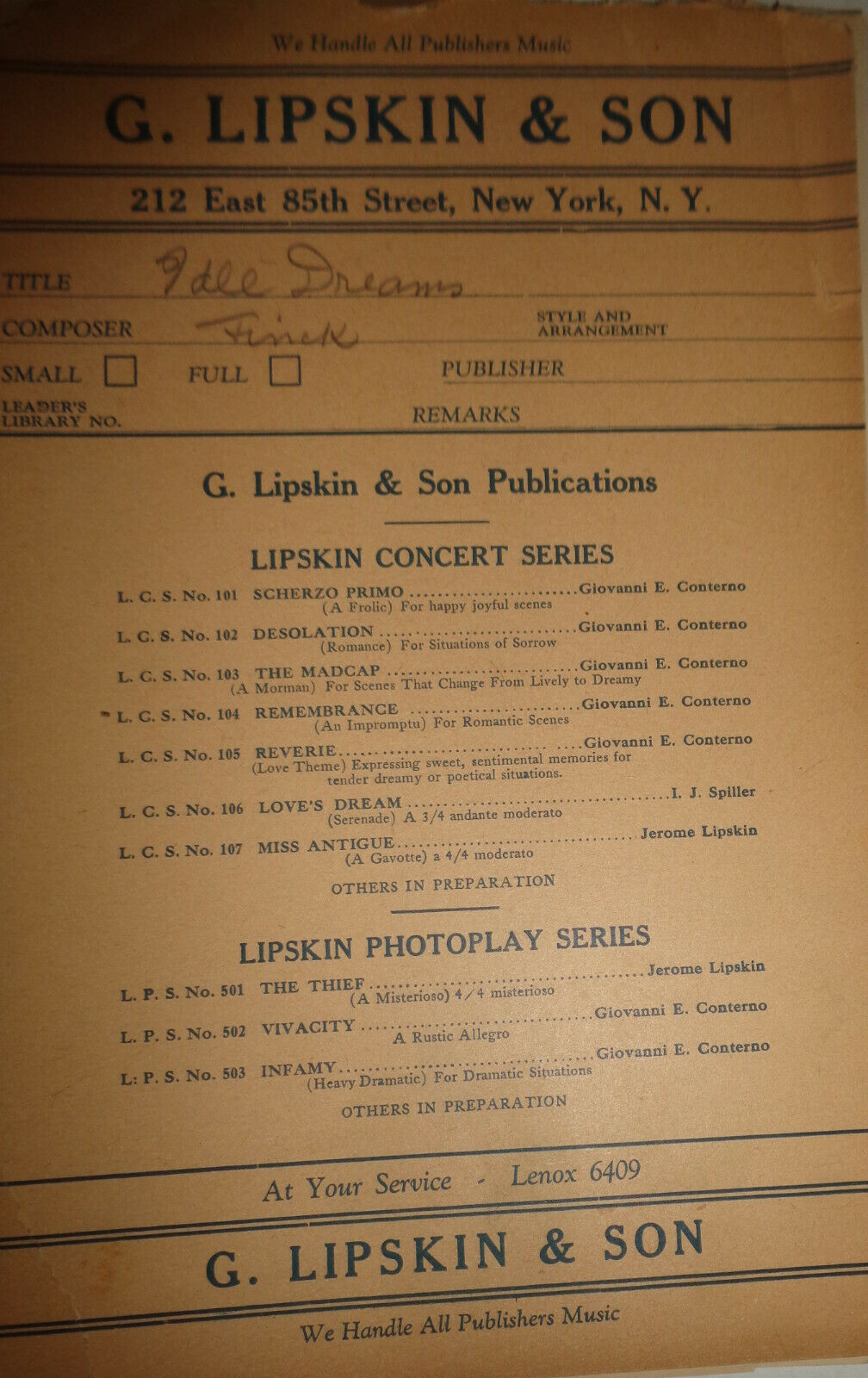 IDLE DREAMS, DANCE IDYLL - BY HERMAN FINCK - 1921 - SHEET MUSIC FOR ORCHESTRA