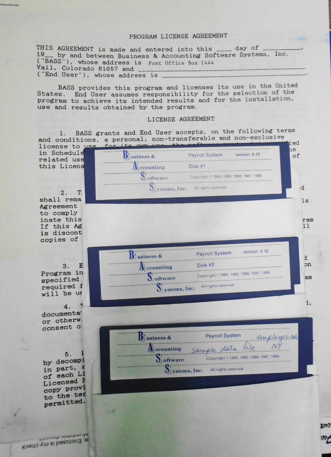 BASS Payroll System, 1988 - for restaurants & general use. IBM PCs 5 1/4" disks.
